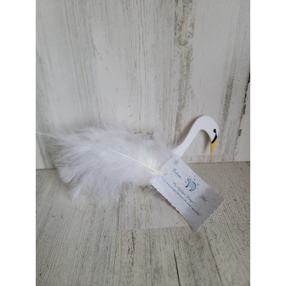 Vintage Telum swan on golden wings glass ornament Xmas bird feather